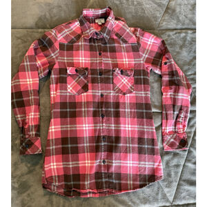 Matchstick Shirt Womens S Pink Brown Plaid Flannel Long Sleeve Button Up Tunic